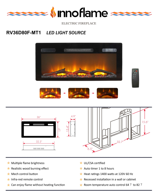 Innoflame Fireplace Electric 36" Flat Front Log Bed w/Remote Control (Black) - RV36D80F-MT1