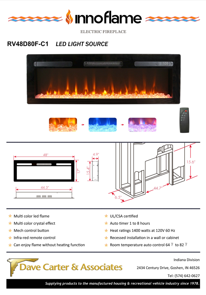 Fireplace - 48" - Electric - Flush Mount - w/Remote Control - RV48D80F-C1 - w/Crystal Ember Bed - Black- Single Speed