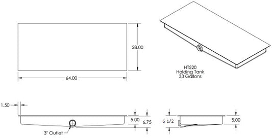 Tank - Holding - 28" x 64" x 6-1/2" - Side Drain