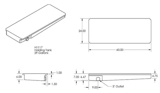 Tank - Holding - 24" x 60" x 7" - 3" Drain - w/1" Rails - Rotocast - Black - w/Probes - LH Side Drain